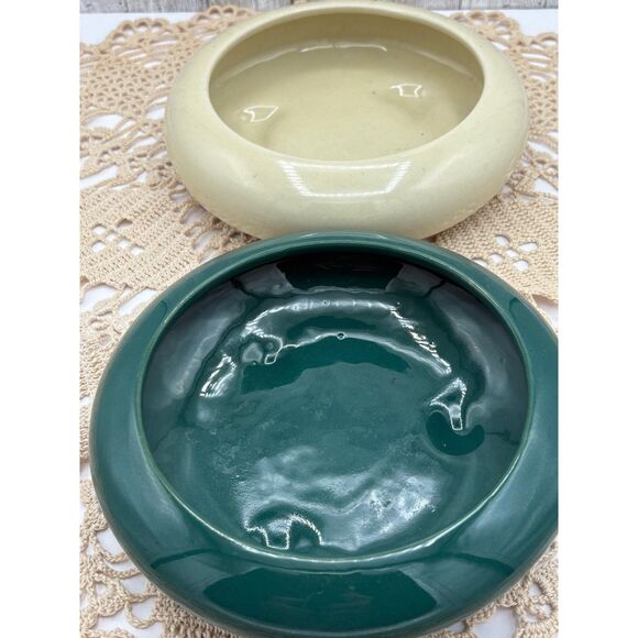 TWO Vintage Saucer Planters Bonsai Succulents Retro Green White MCM - Picture 2 of 8